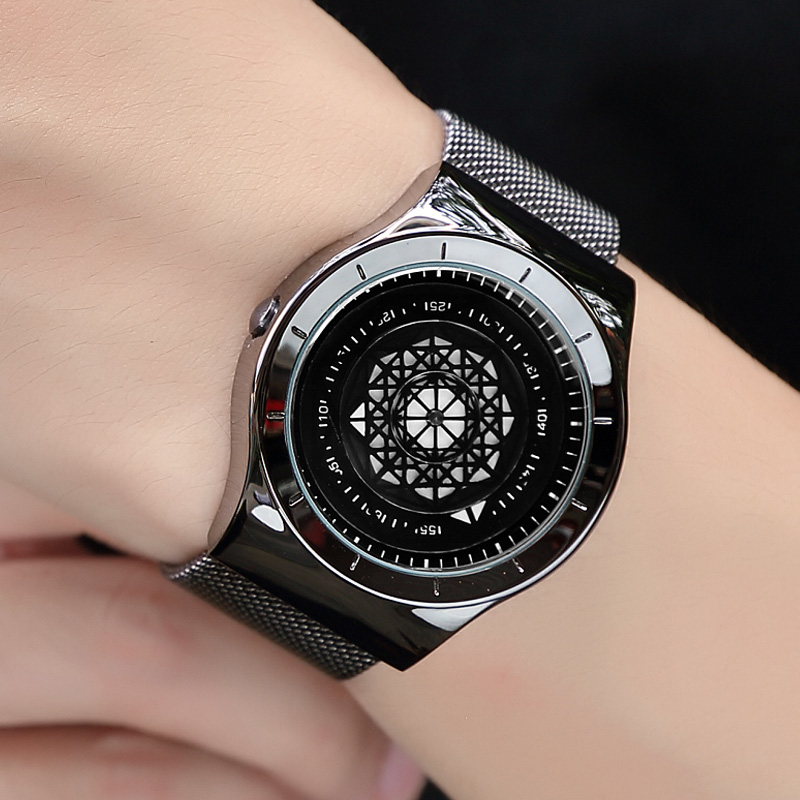 Stainless Mesh Band - Geek 남성용 미니멀리스트 턴테이블 다이얼 쿼츠